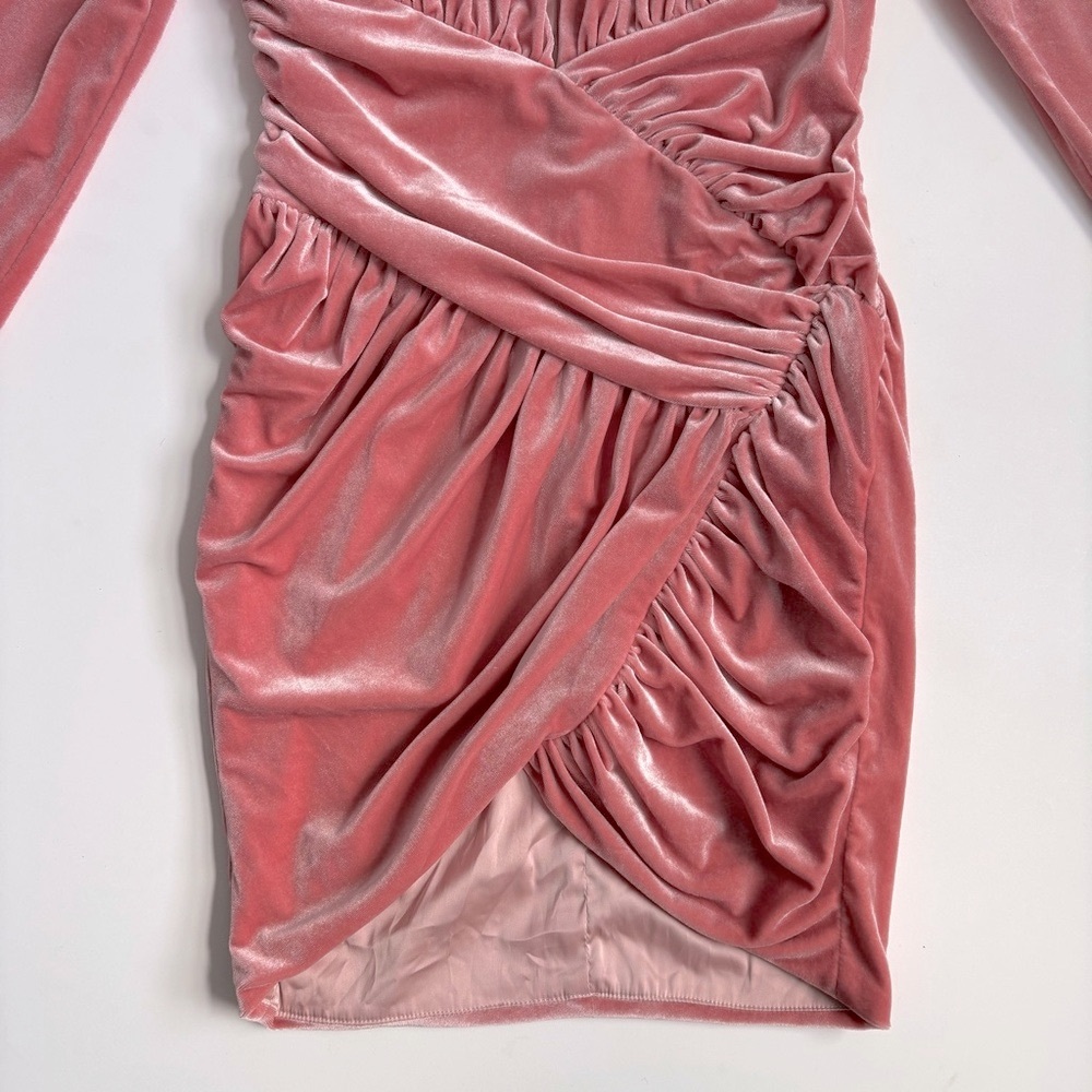Miss Circle Velvet Velour Ruched Overlap Longsleeeve Mini Dress Salmon Pink - Picture 16 of 17